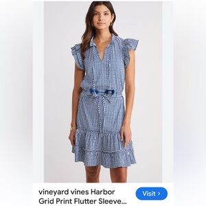 Vineyard Vines Blue Grid Print Flutter Sleeve Dress NWOT